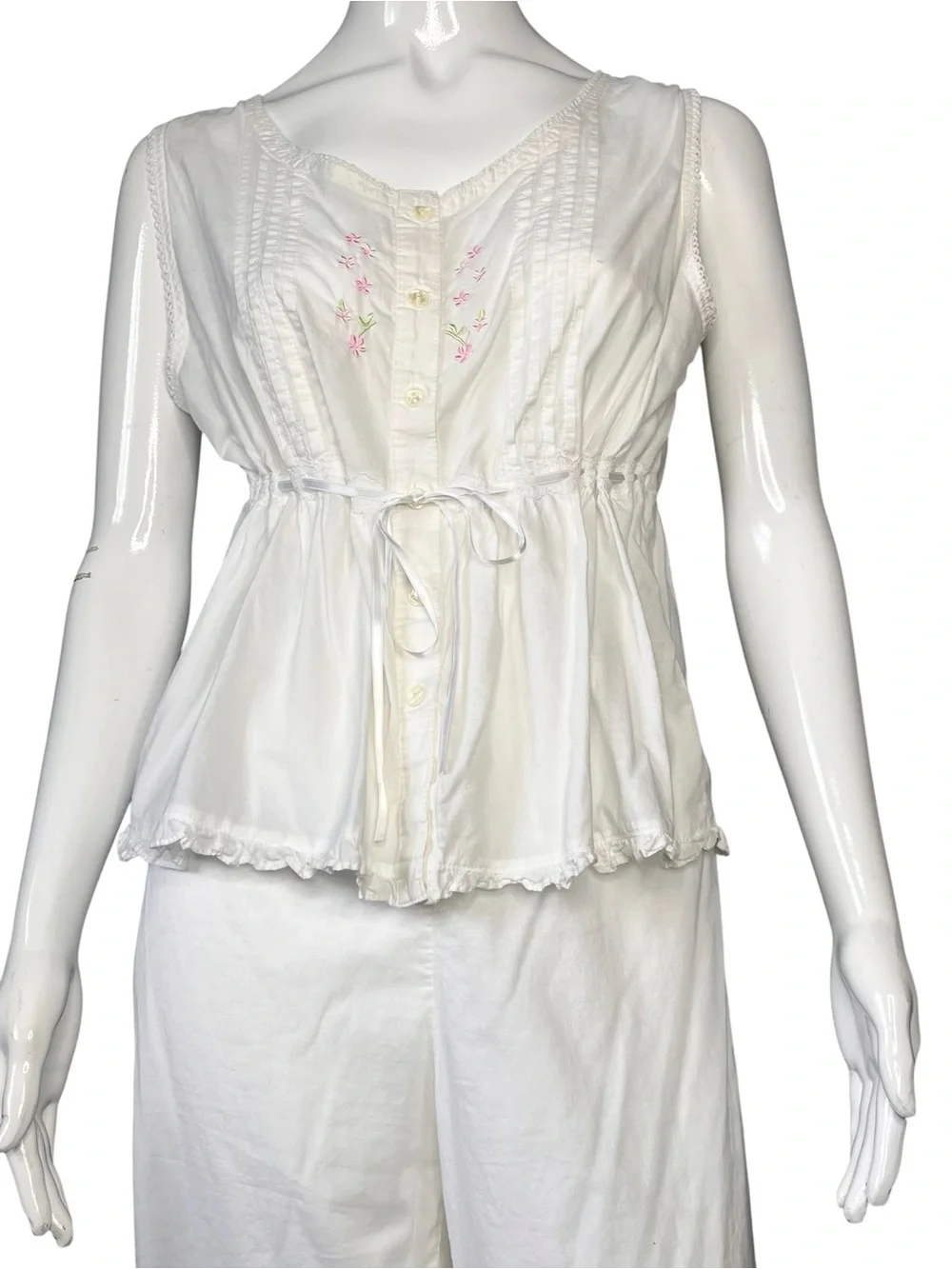 Laura Ashley Vintage White Floral Embroidered Sleeveless Cotton 2Pc Pajama Set M